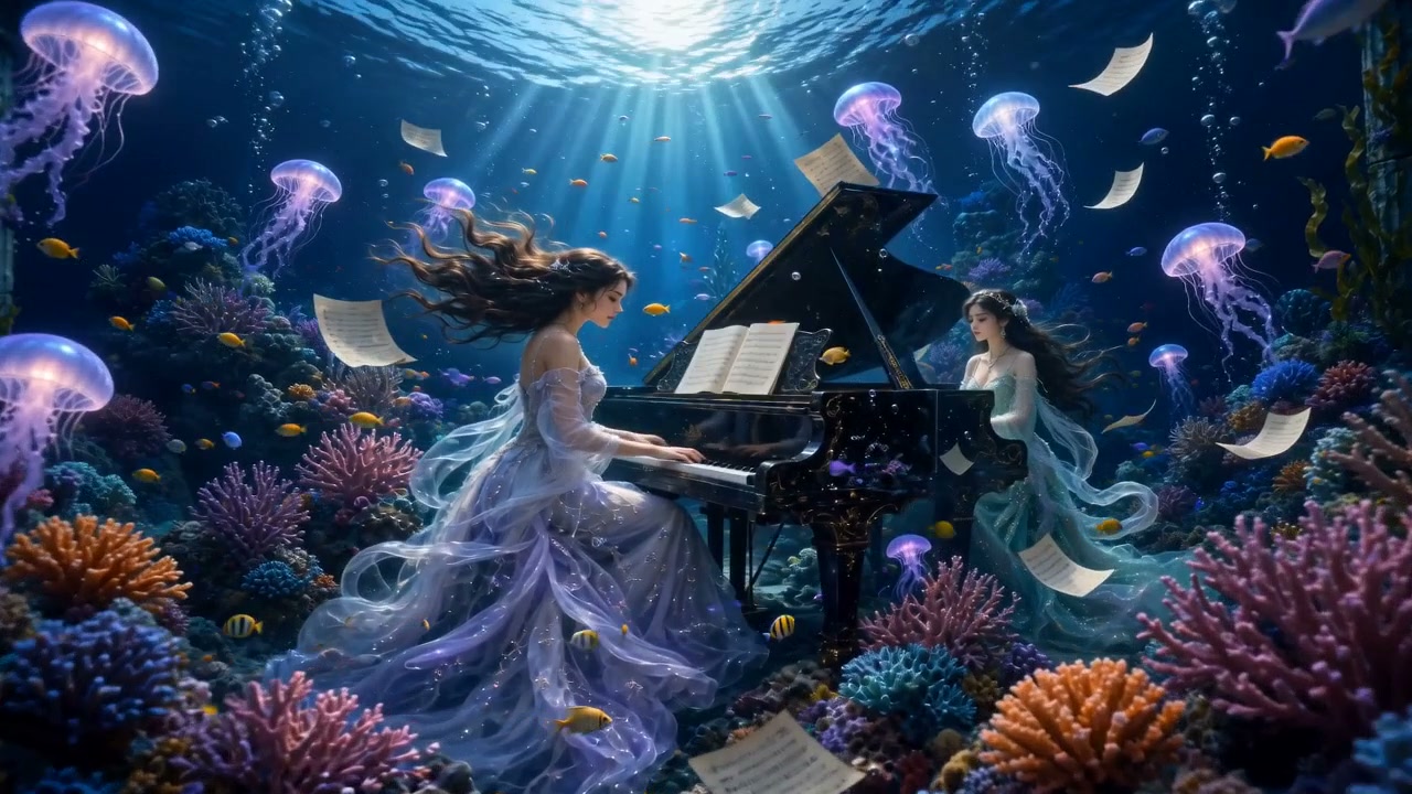 Ethereal fantasy scene of two women playing a grand piano in an underwater reef surrounded by glo...
