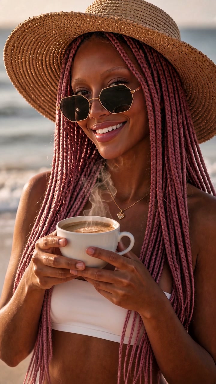 Smiling woman with pink braids holds steaming coffee, wearing a straw sun hat and sunglasses on a...