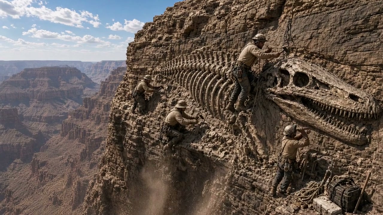 Paleontologists excavate a massive predatory dinosaur fossil embedded in a sheer Grand Canyon cli...