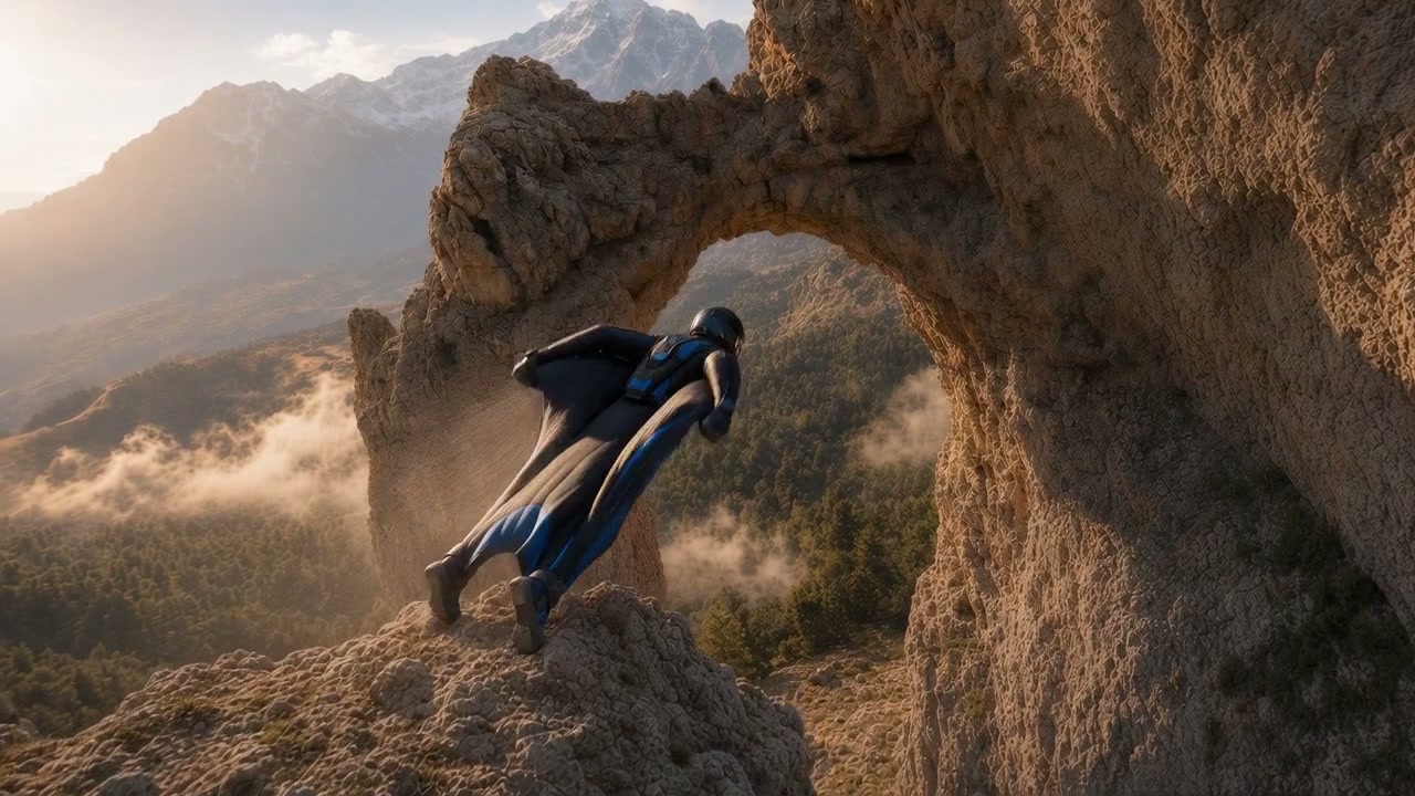 Wingsuit flyer poised to launch beside a natural rock arch overlooking misty alpine mountains at ...