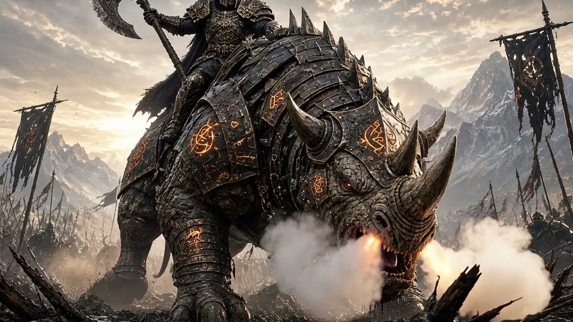 Armored dark fantasy knight riding a rune-etched armored war rhino on a muddy mountain battlefiel...