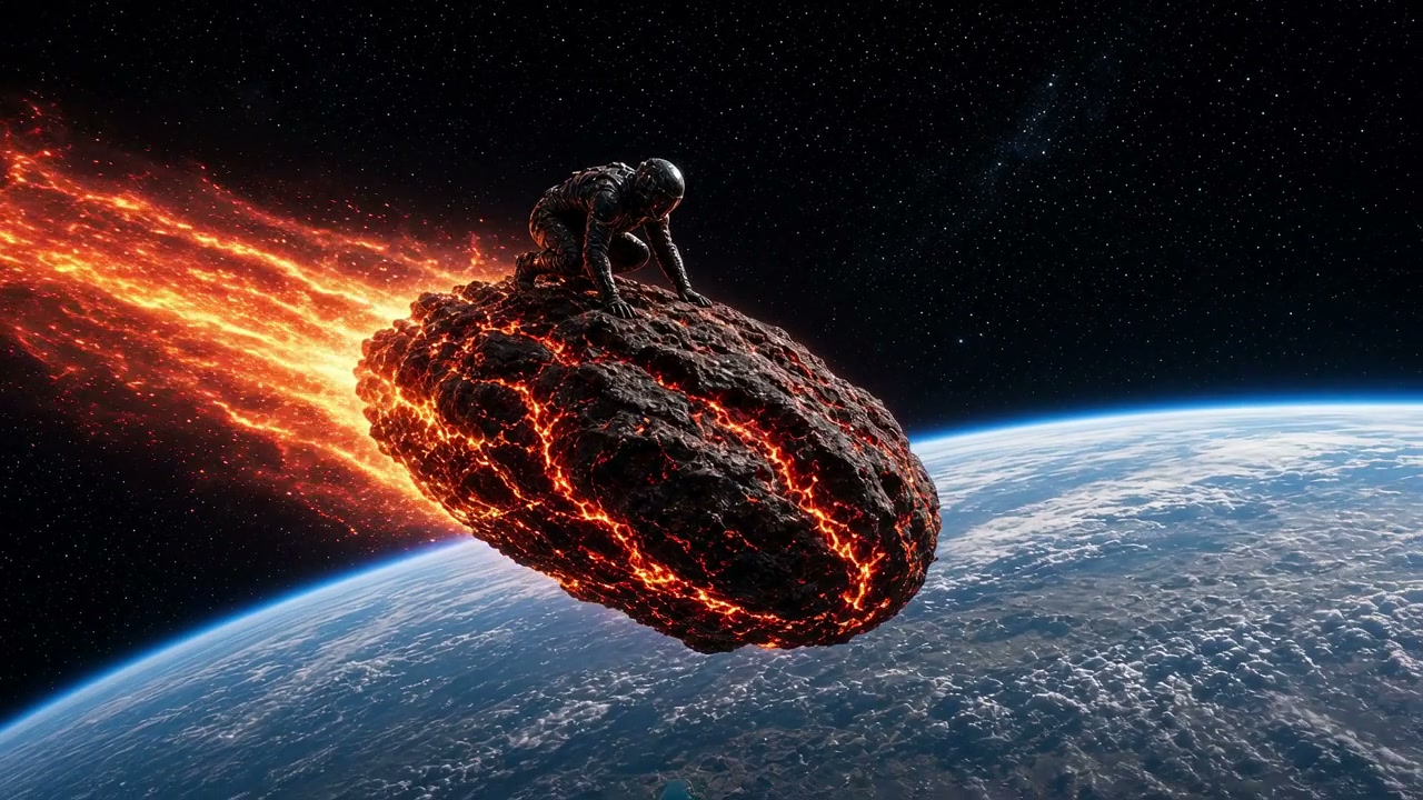 Astronaut crouched on glowing fiery meteor streaking through orbit above Earth in starry outer space