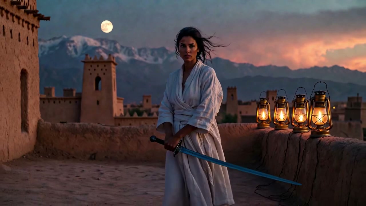 Stoic woman holding a longsword stands on an adobe kasbah rooftop at twilight under a full moon