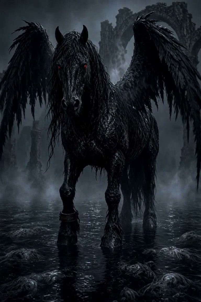 Menacing black winged horse with glowing red eyes stands in misty shallow water before ruined got...