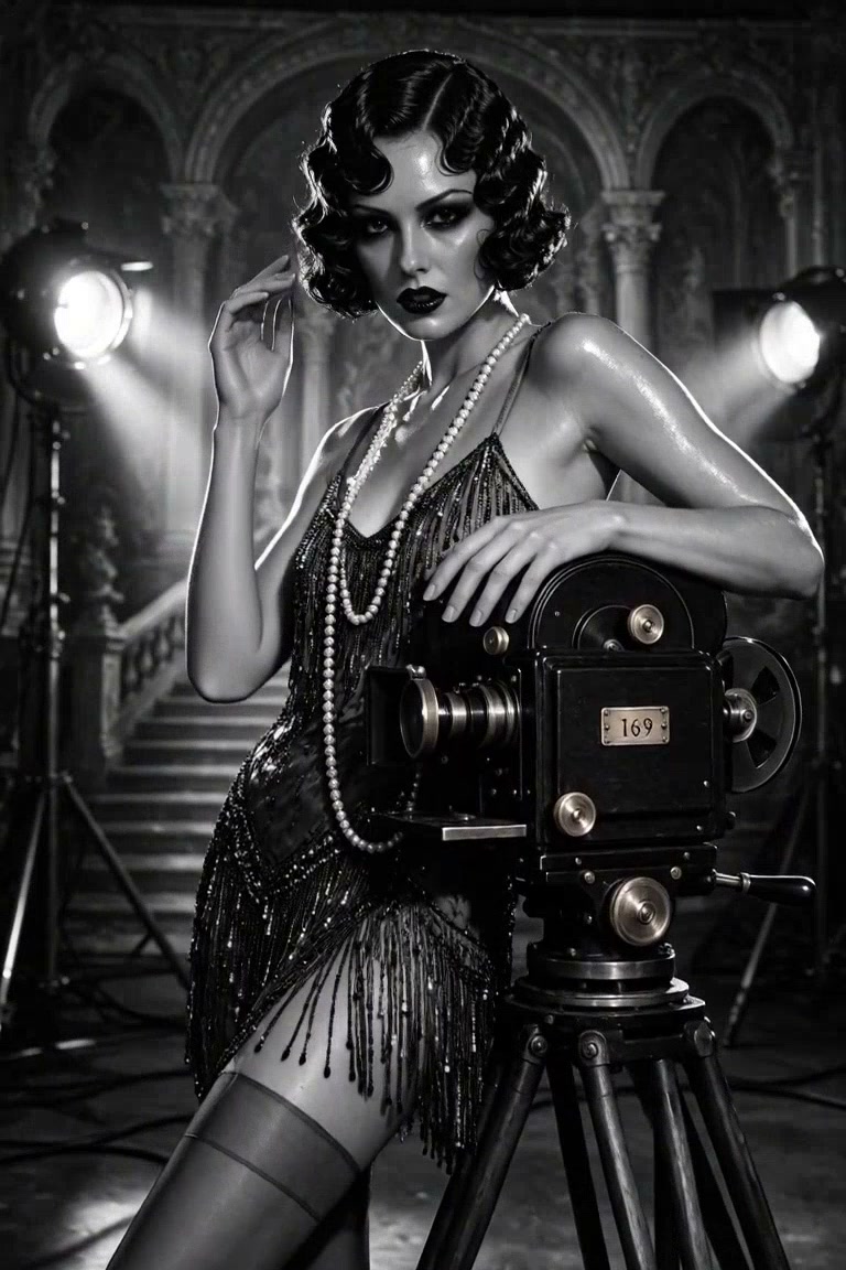 1920s flapper woman leaning on a vintage film camera on a dramatic old Hollywood studio set
