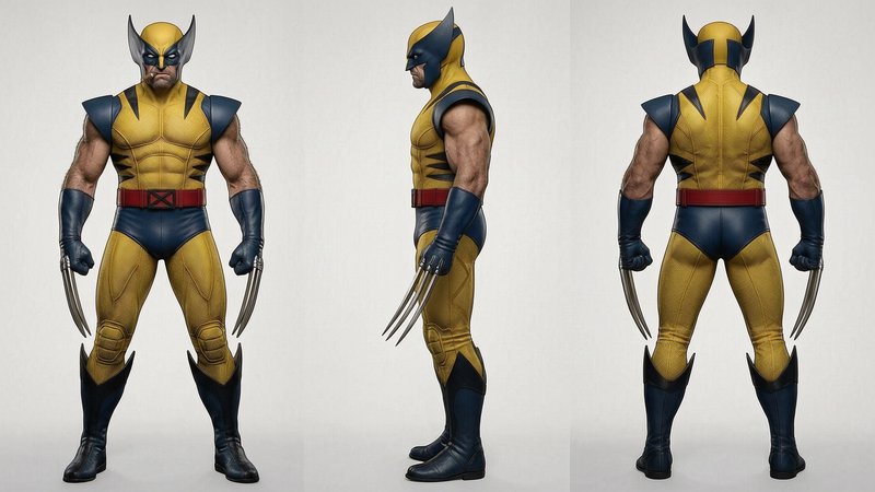 3-view turnaround render of classic costumed Wolverine, showing front, side profile, and back pos...