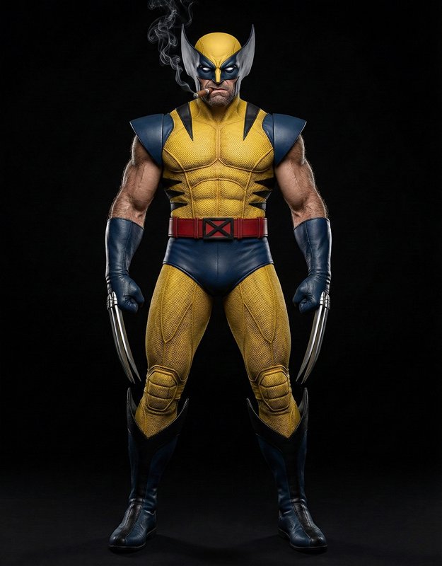 [Hyper-realistic Wolverine stands with extended adamantium claws, wearing his classic yellow X-Men suit, smoking a cigar a...