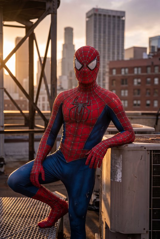 Person in classic web-patterned Spider-Man suit poses on a city rooftop at golden sunset, with a ...