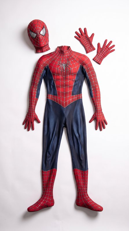 Disassembled classic Spider-Man cosplay suit laid flat on a plain white studio background