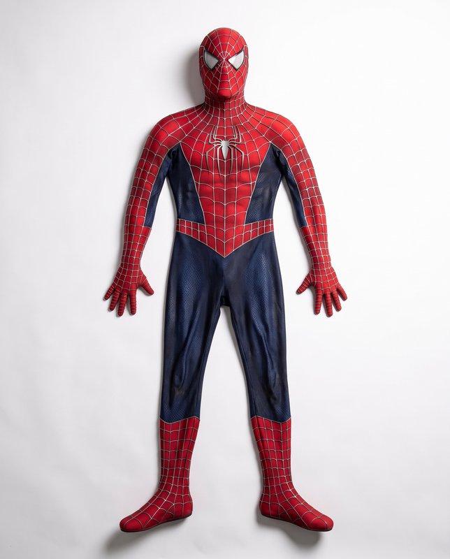 Classic Spider-Man superhero suit laid flat against a plain white studio background