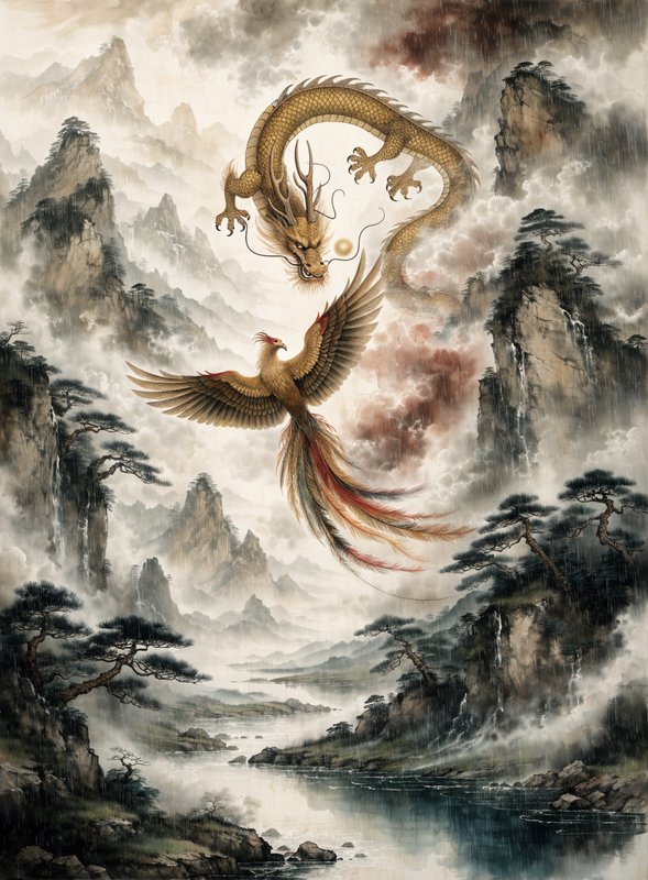 Golden Chinese dragon and phoenix soar above a misty traditional ink wash mountain river landscape