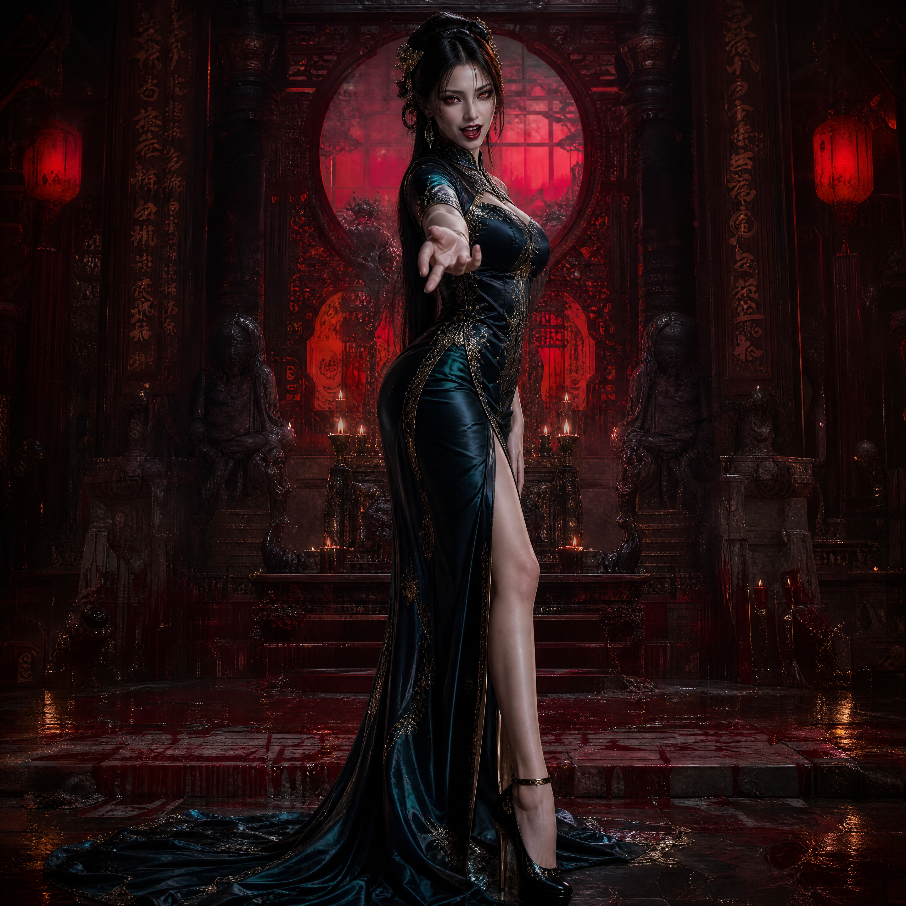 Woman in a dark ornate Asian-inspired gown with thigh-high slit in a red-lit temple setting.