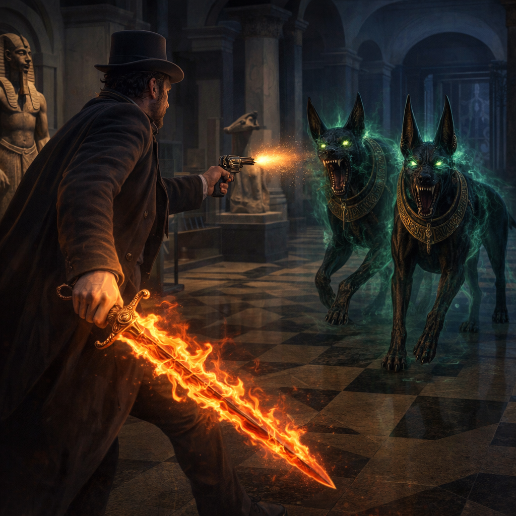 Adventurer in a dark temple fires a pistol at glowing spectral wolves while wielding a fiery sword.