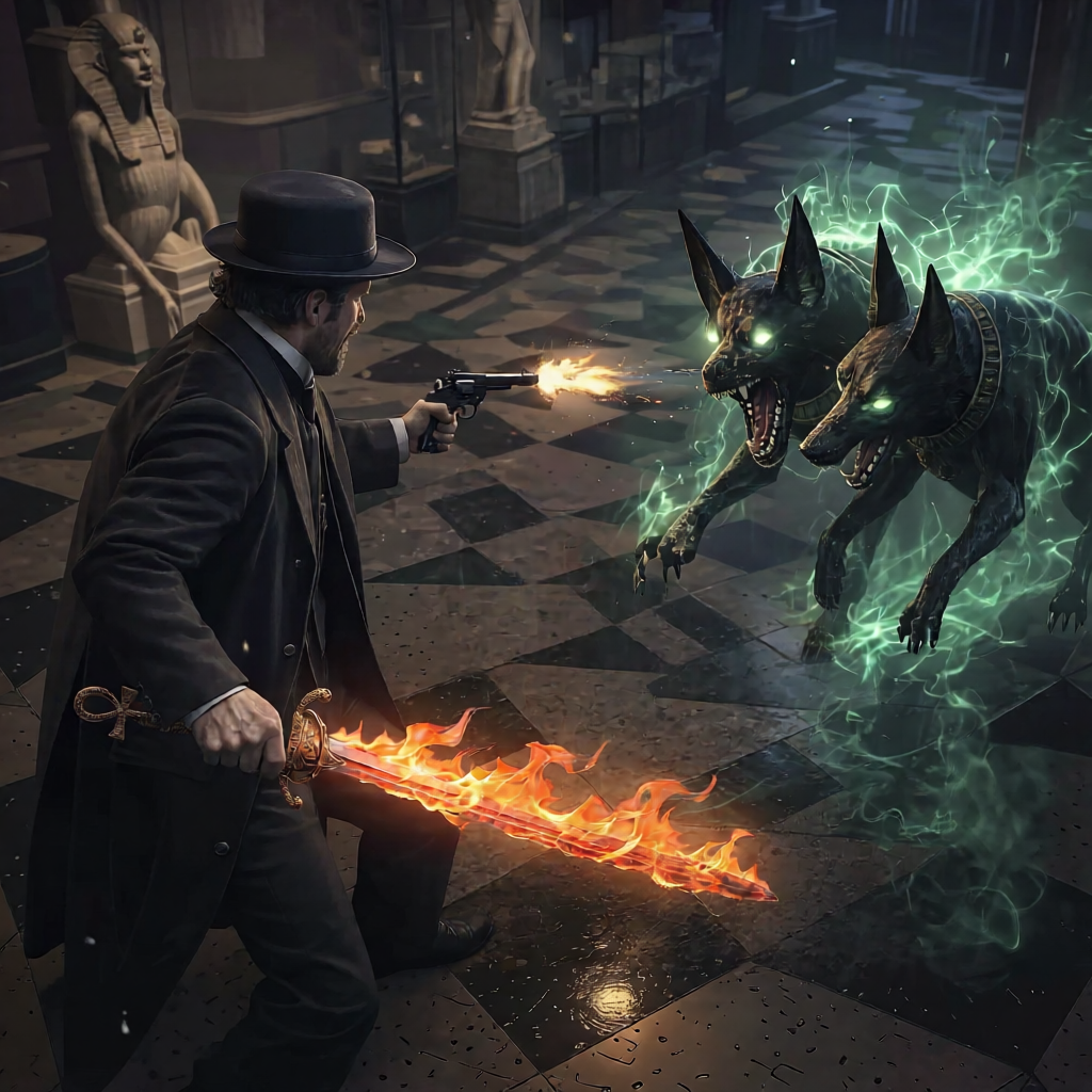 Gunslinger in a top hat fires at a two-headed hellhound as a flaming sword clashes in a museum hall.