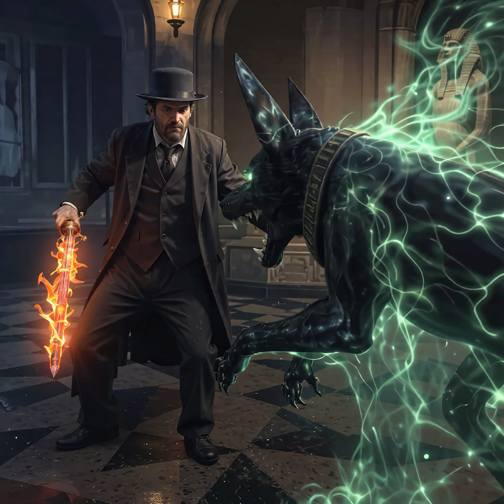 A man in a Victorian suit and top hat battles a glowing neon-green energy-wolf with a fiery sword.