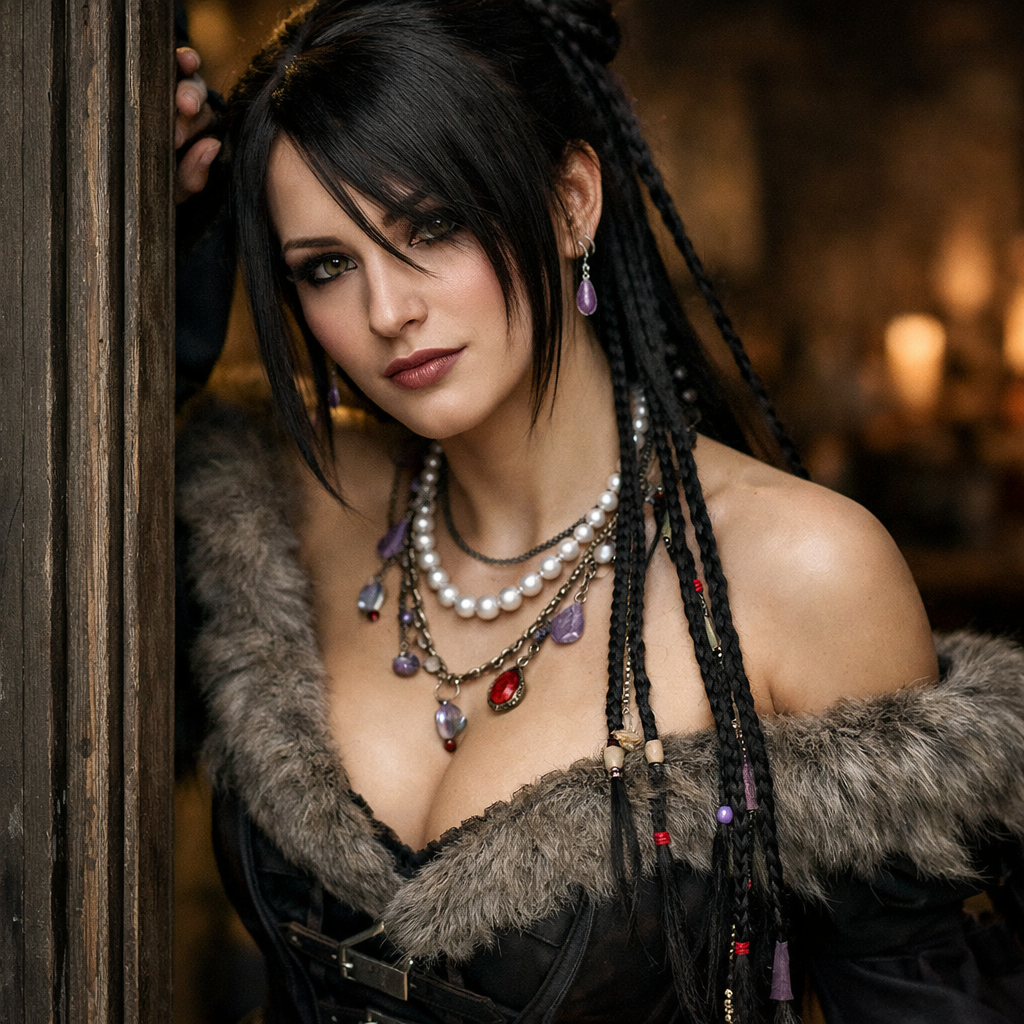 Mysterious dark fantasy cosplayer with beaded black braids, fur-trimmed gown, and gem necklaces leaning on a weathered woo...