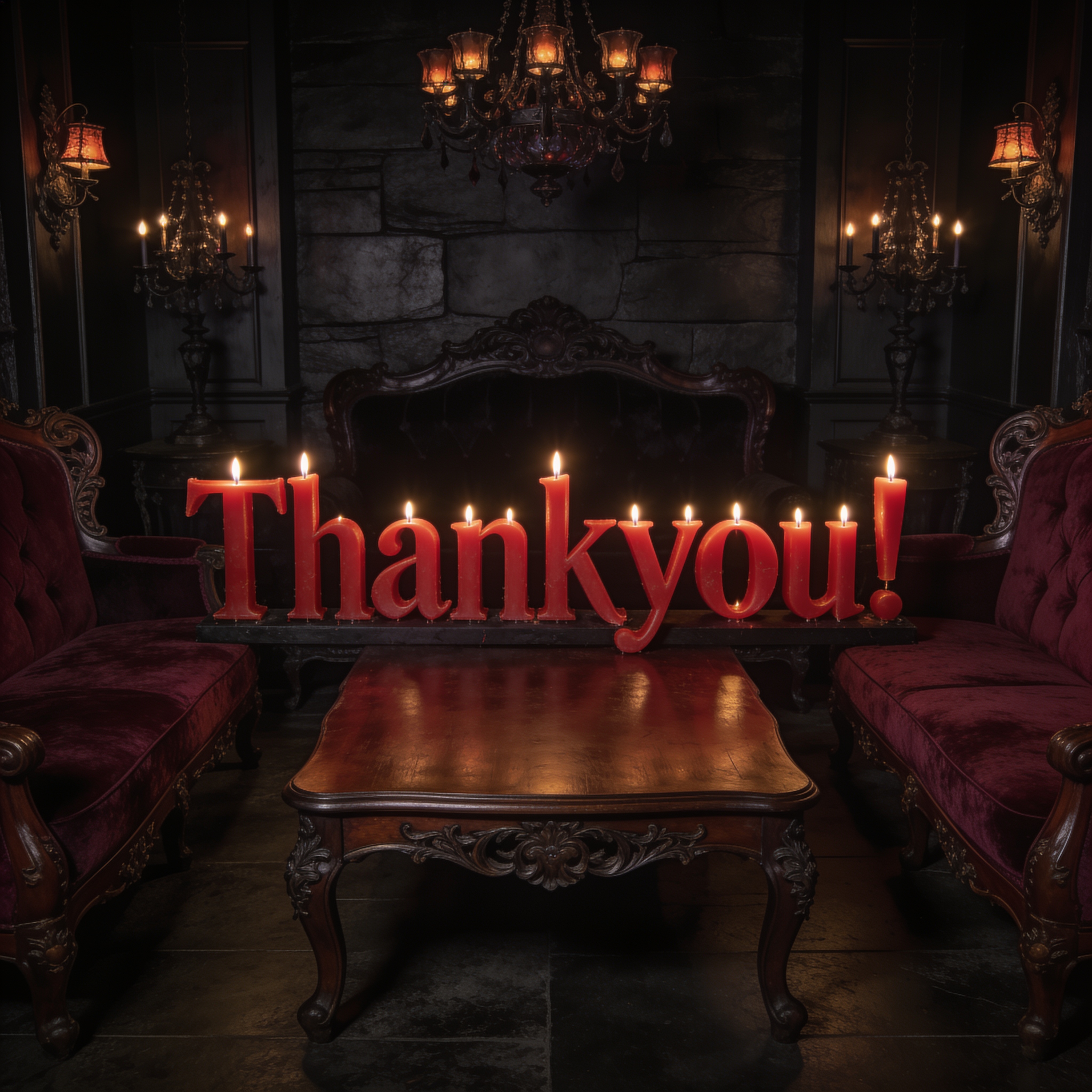 Lit red letter candles spelling "Thank you!" displayed in a dark ornate gothic Victorian living room with vintage furnishi...