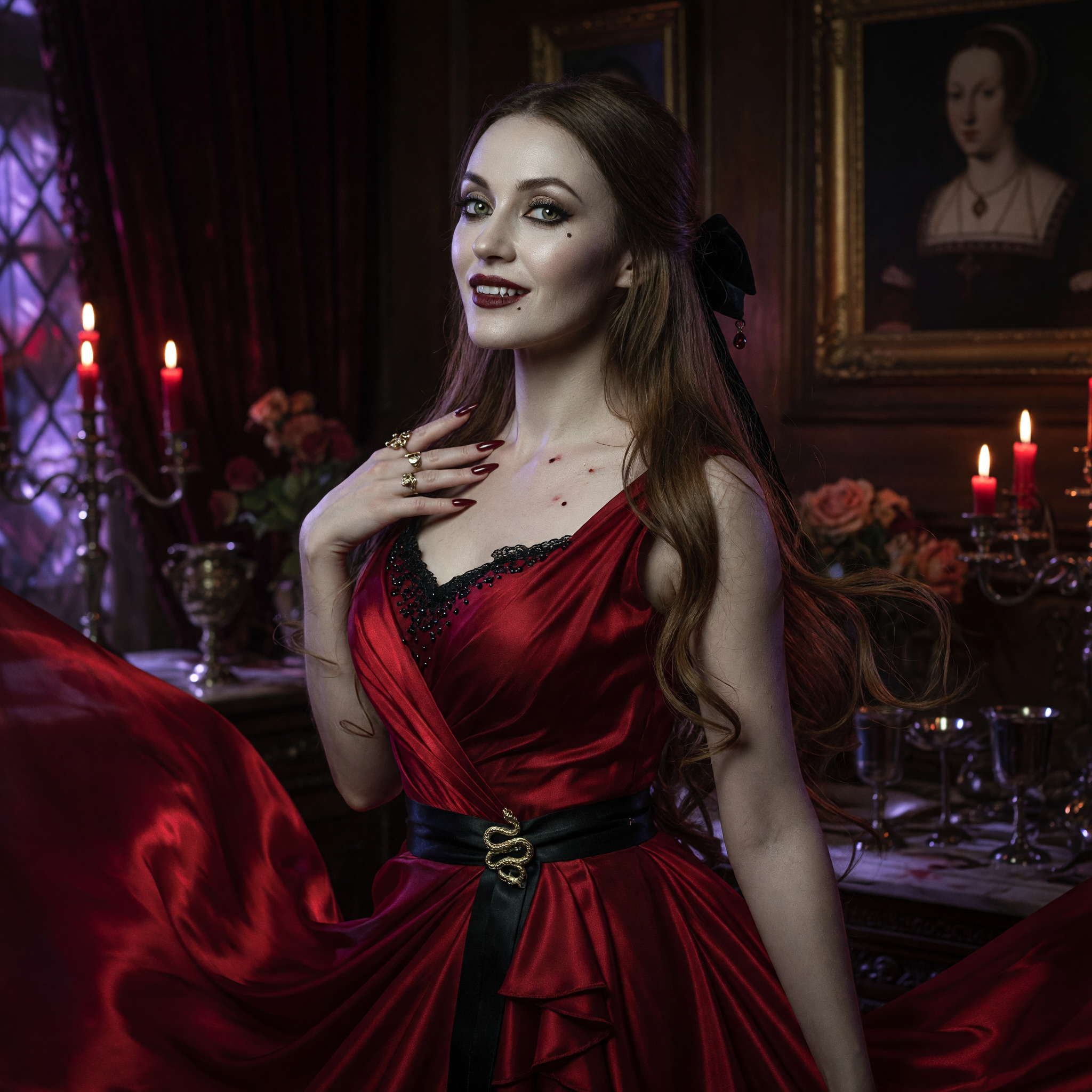 Elegant female vampire in a red satin gown stands in a dark candlelit gothic room, with bite marks visible on her neck.