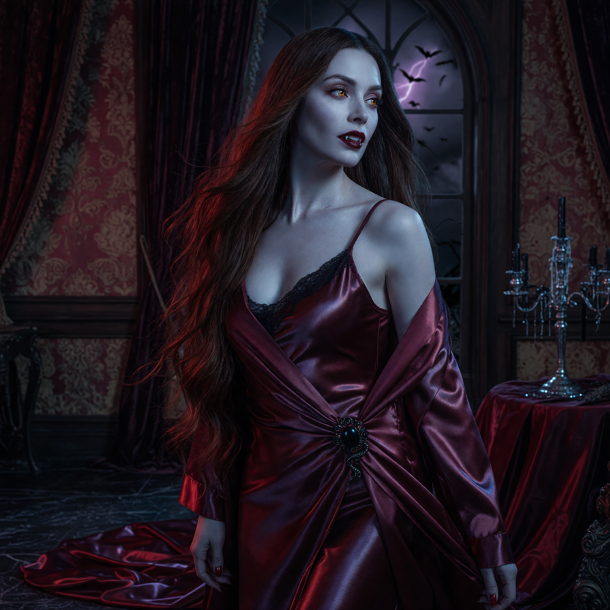 Elegant female vampire in deep burgundy satin gown stands in a gothic Victorian room as lightning flashes outside the window.