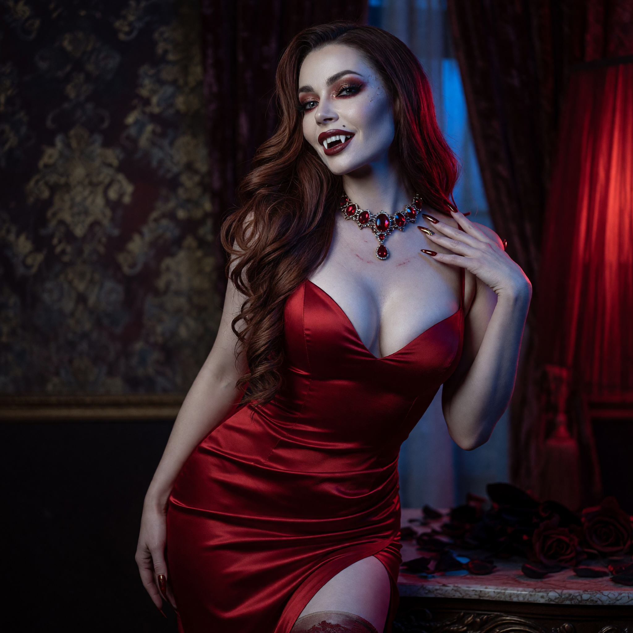 Glamorous female vampire showing fangs, wearing a red satin gown and ruby necklace in a dark gothic interior.