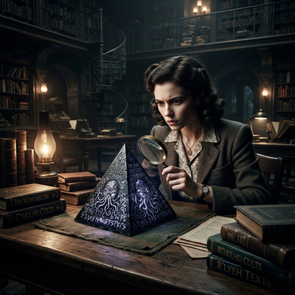 1940s female researcher uses a magnifying glass to examine a glowing Cthulhu-etched pyramid artifact in a dark vintage occ...