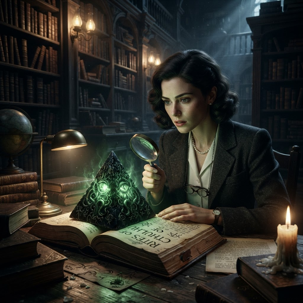 1940s female researcher uses a magnifying glass to examine a glowing eldritch Cthulhu pyramid artifact atop an ancient gri...