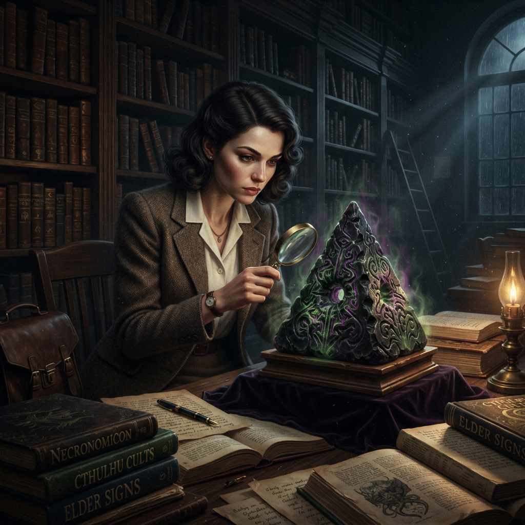 1930s female occult scholar uses a magnifying glass to examine a glowing carved eldritch pyramid in a dim, book-filled vin...