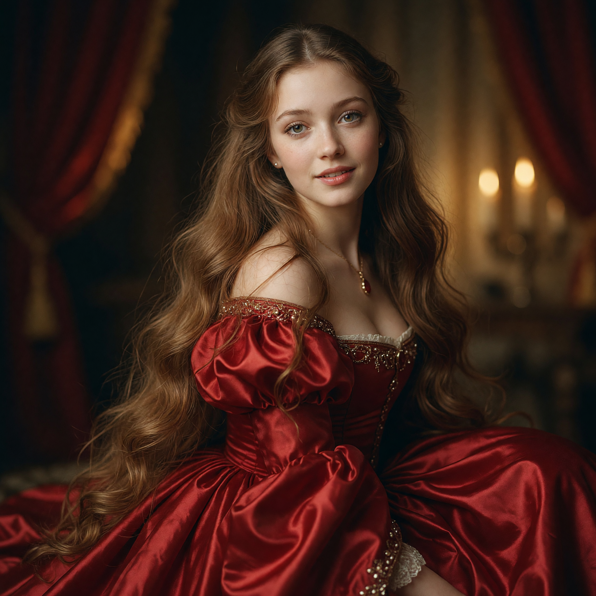 Young noblewoman with long wavy hair wearing an ornate red renaissance gown, posed in a warm candlelit period interior.