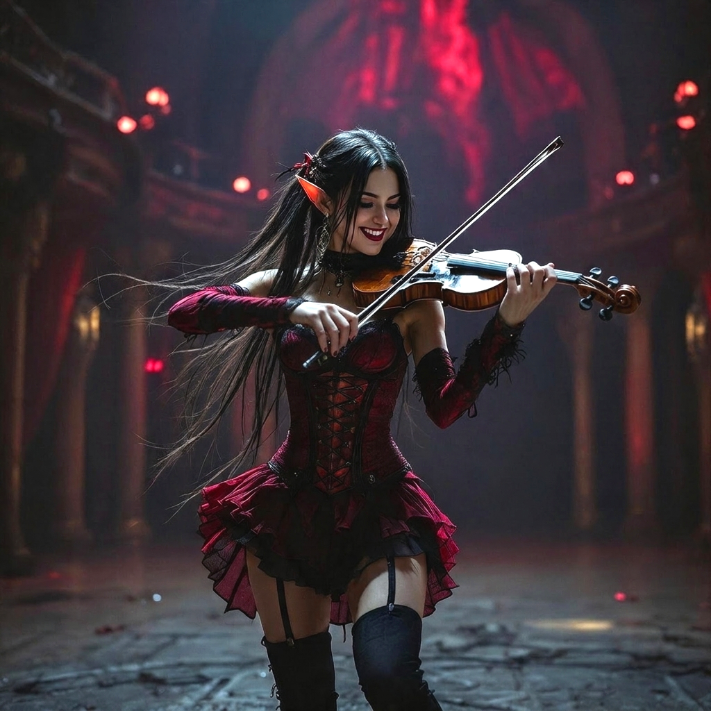 Smiling fantasy elf woman in red gothic corset dress playing violin on a dim ornate theater stage