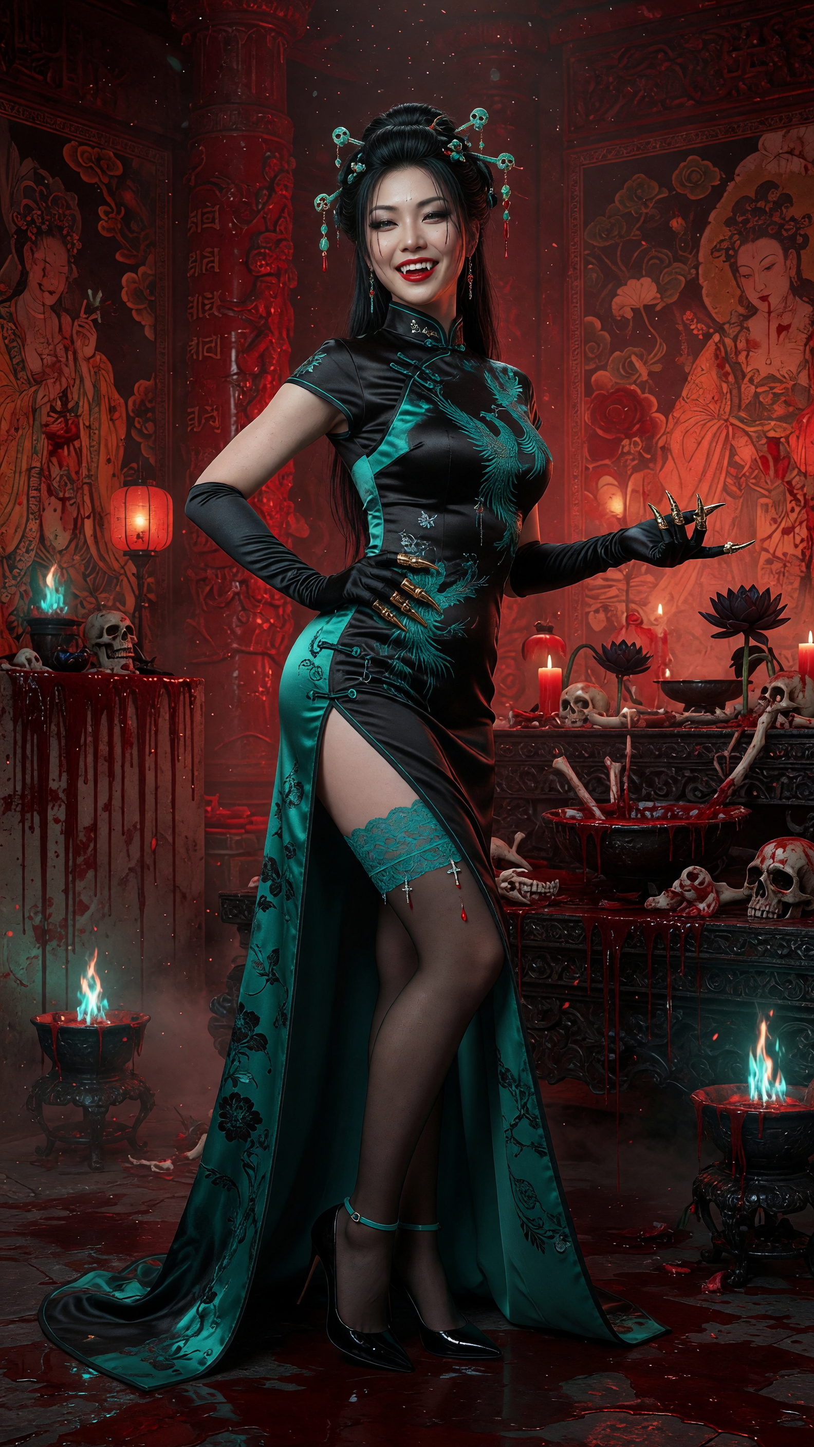 A grinning East Asian vampire woman in an embroidered black teal qipao stands in a blood-stained ancient temple chamber.