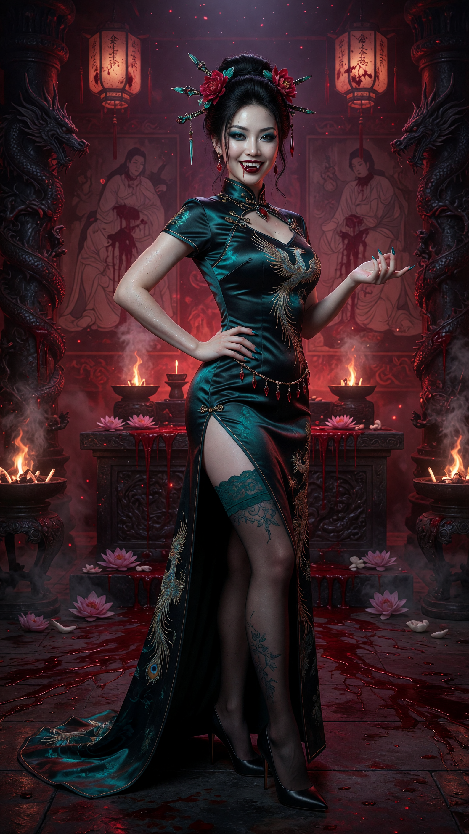 Grinning East Asian female vampire in embroidered emerald qipao stands in a dark blood-streaked traditional Chinese temple