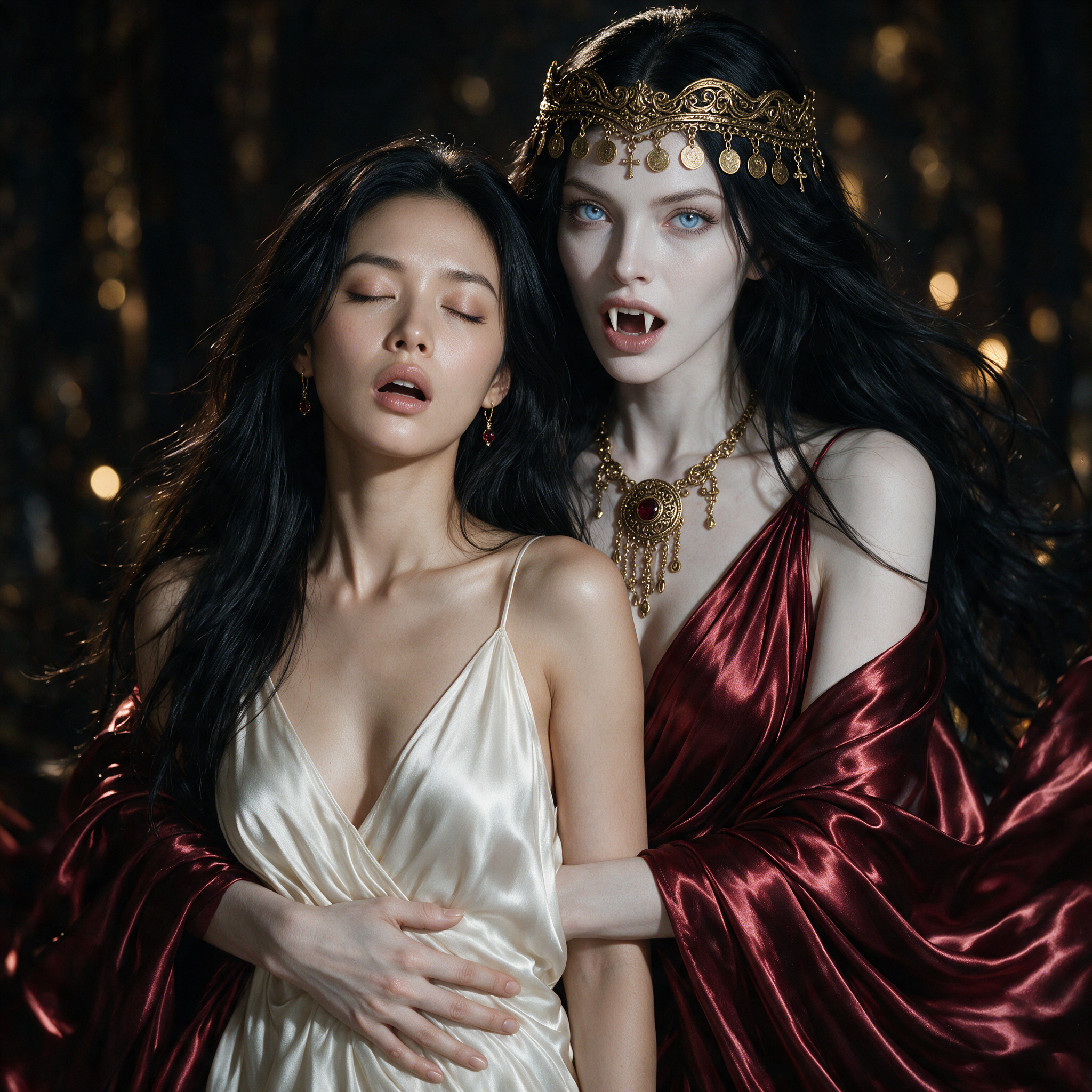 Pale fanged vampire queen embraces a serene sleeping woman in silk gowns against dark golden bokeh background