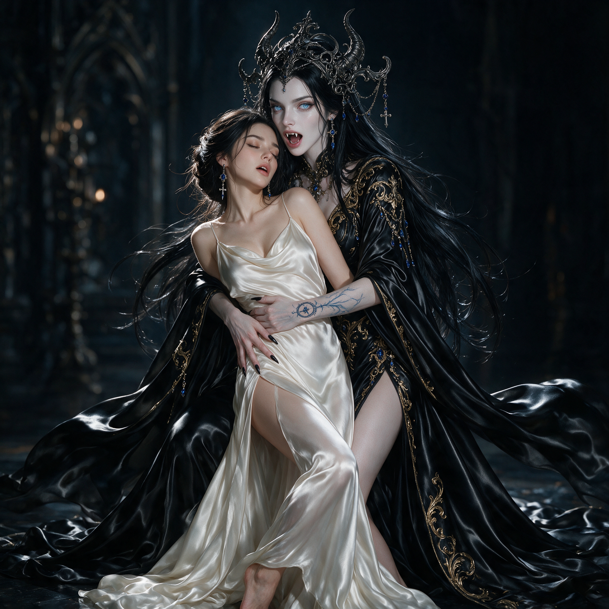 Horned gothic vampire queen embraces a swooning woman in an ivory silk gown inside a dark castle
