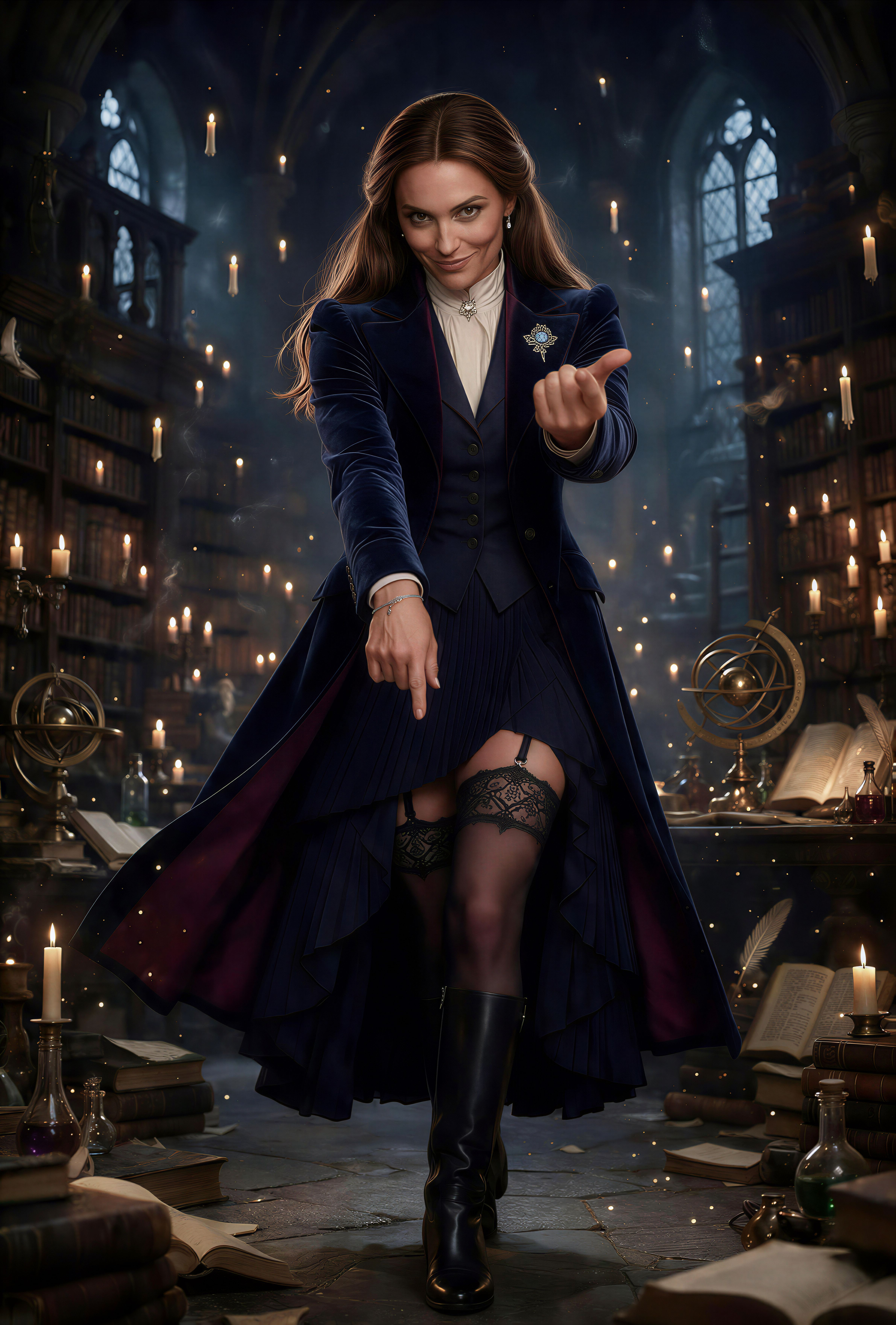 Female mage in a navy velvet coat gestures invitingly from a candlelit enchanted library