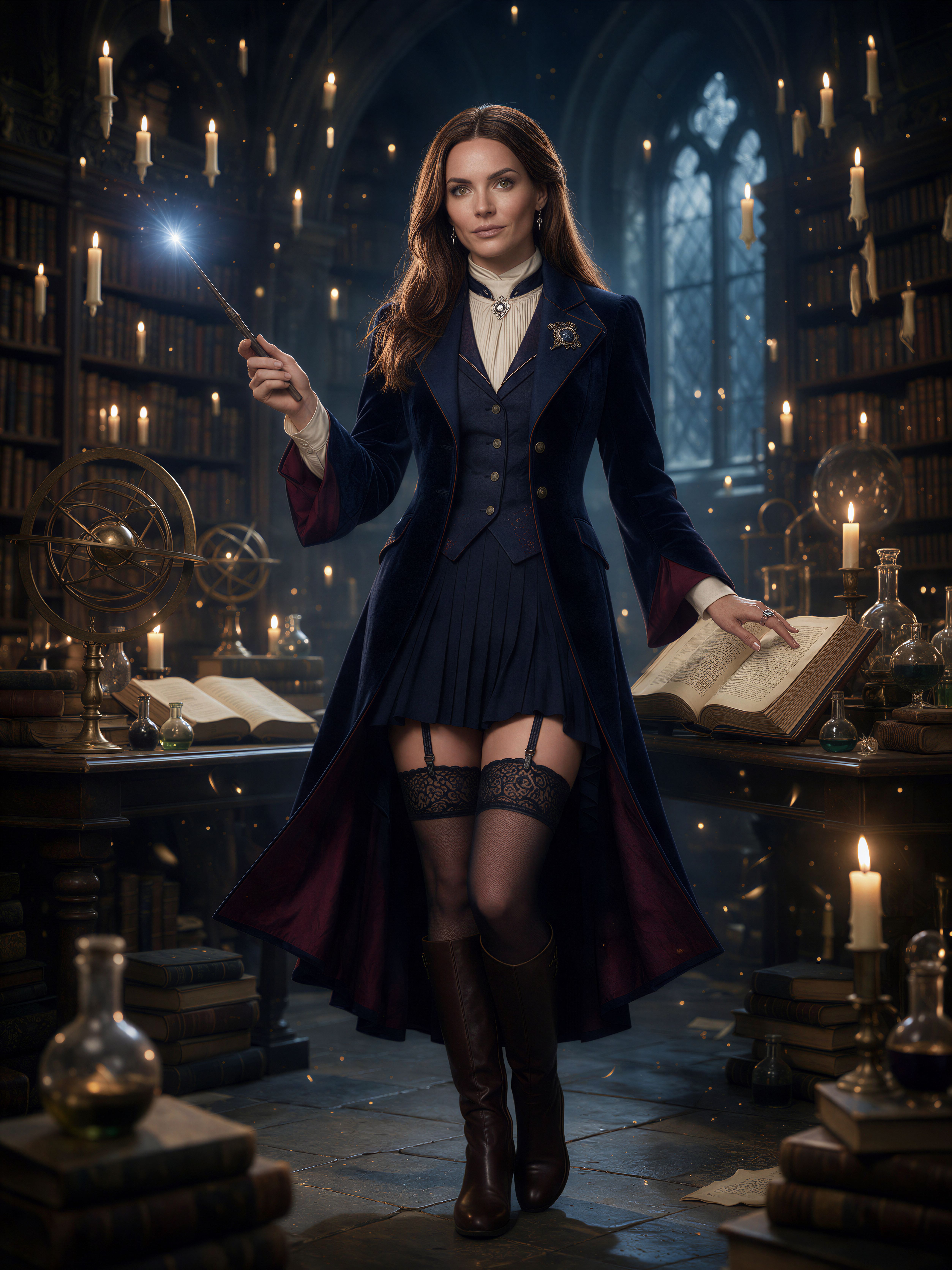 Female wizard holds a glowing wand while standing in a candlelit enchanted library study