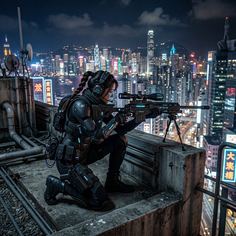 Woman in black tactical armor kneels on a rooftop, aiming a sniper rifle at a neon-lit city skyline at night.