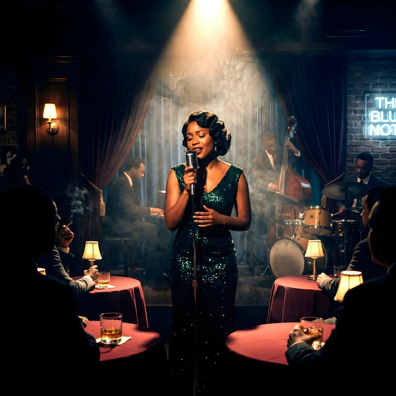 Elegant female jazz singer in a green sequined gown performs under spotlight in a smoky nightclub with a live band.