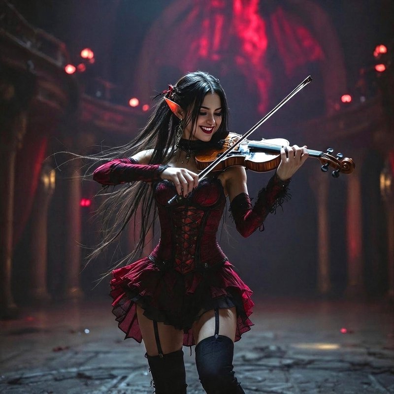 Smiling fantasy elf woman in red gothic corset dress playing violin on a dim ornate theater stage