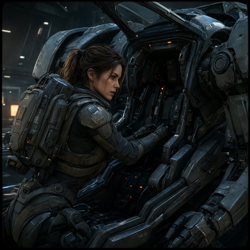 Focused female sci-fi pilot in tactical armor prepares to enter the open cockpit of a large battl...