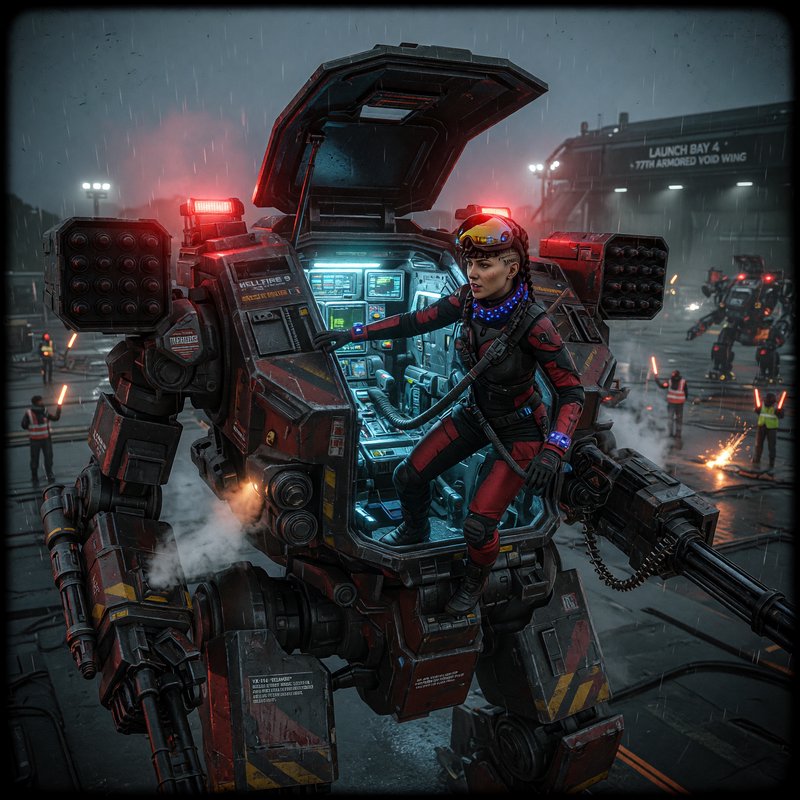 Female mech pilot stands in the open cockpit of a heavily armed battle mech on a rainy futuristic...