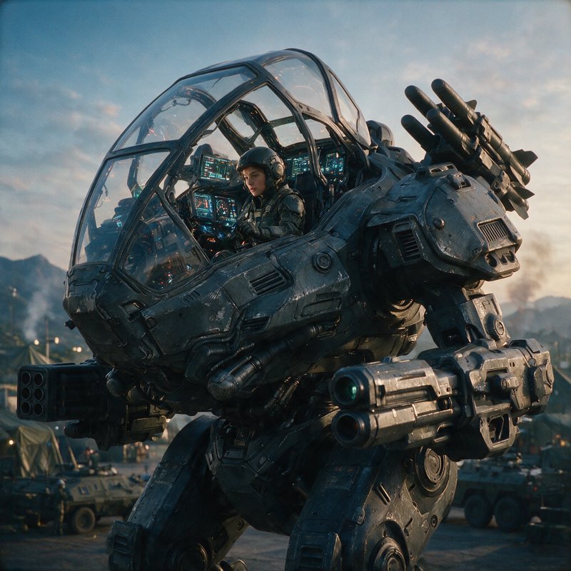 Female military pilot sits in the glass domed cockpit of a heavily armed battle mech at a forward...