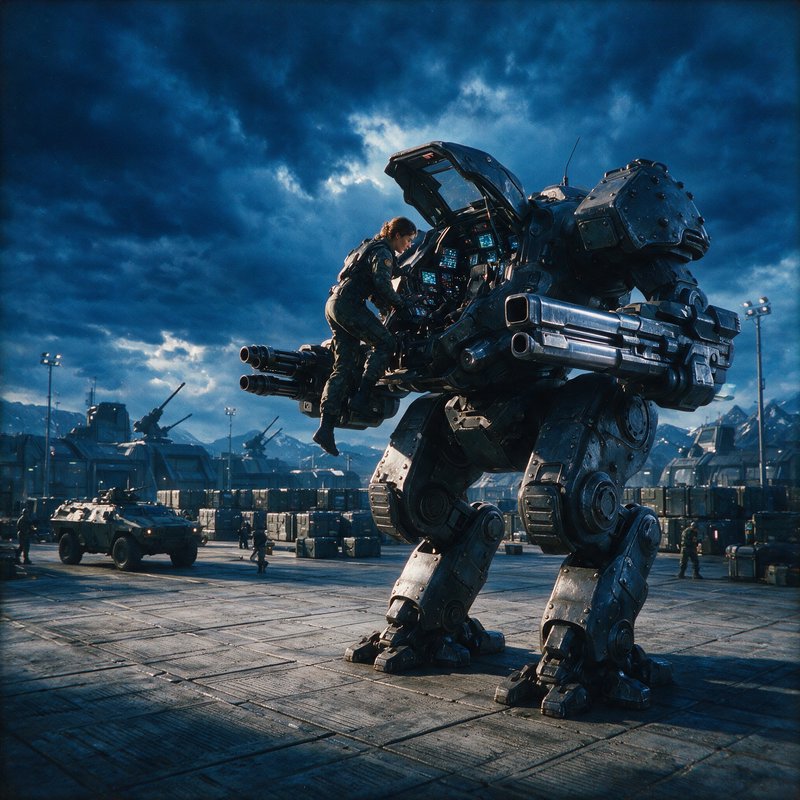 Female military pilot climbs into the open cockpit of a heavily armed battle mech on a stormy fut...