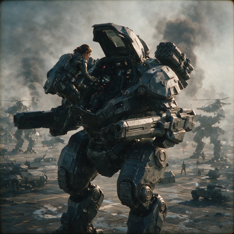 Female tactical soldier climbs into the open cockpit of a heavily armed battle mech on a smoke-fi...