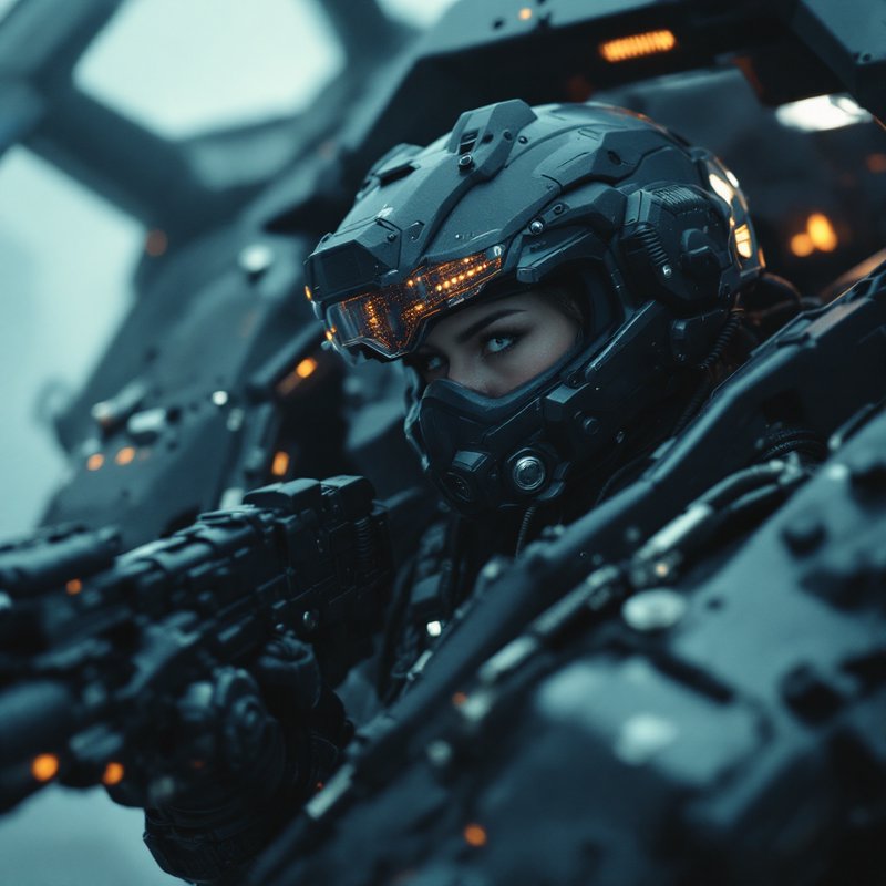 Close-up of alert female futuristic soldier in a glowing tactical helmet, seated inside a heavy m...