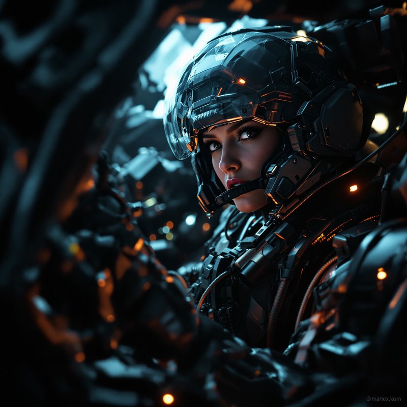 Close-up portrait of a futuristic female sci-fi pilot in a tactical helmet, seated inside a dim g...