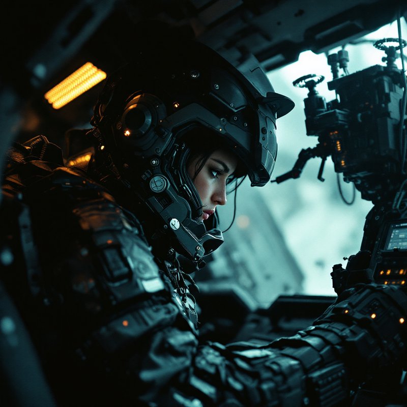 Focused female futuristic tactical pilot in armored combat gear operating controls inside a sci-f...
