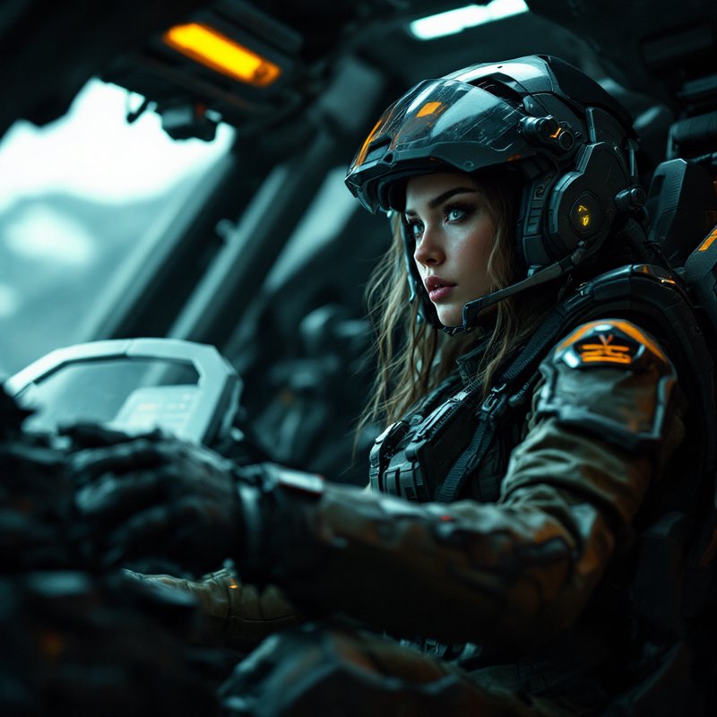 Focused female futuristic combat pilot in a tactical helmet operating controls inside a sci-fi sp...