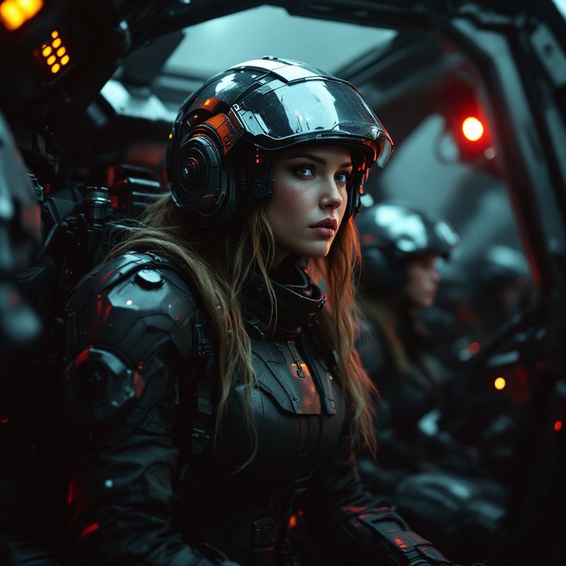 Serious female futuristic combat pilot in tactical armor seated inside a dim, lit sci-fi dropship...