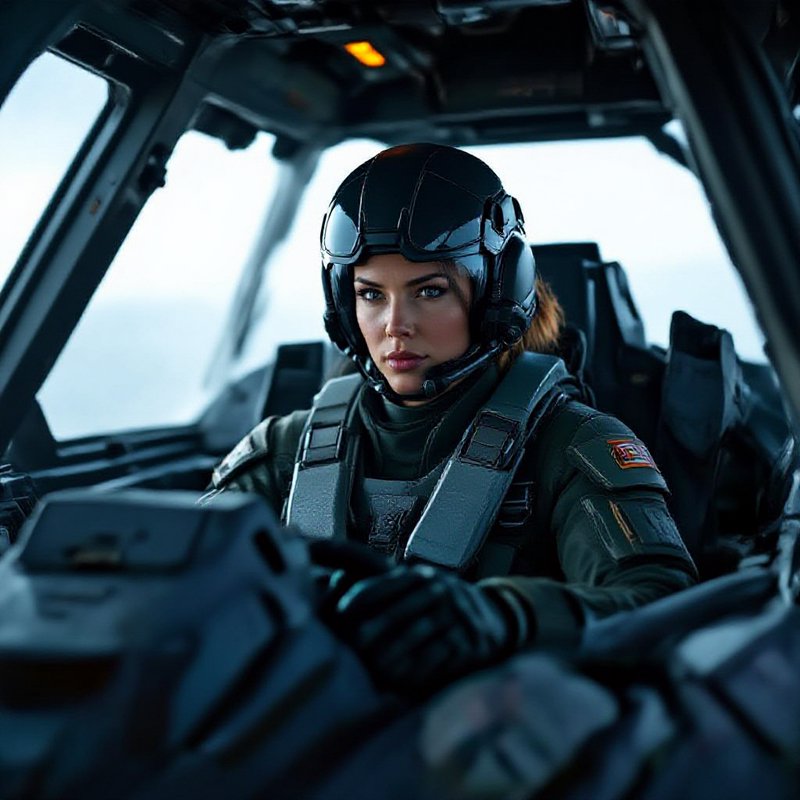 Focused female military pilot wearing a flight helmet and tactical suit seated inside an aircraft...