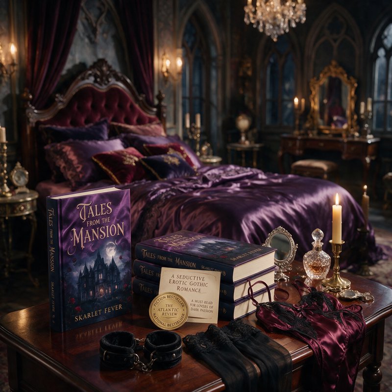 Ornate gothic Victorian bedroom with gothic romance books and intimate satin accessories displaye...